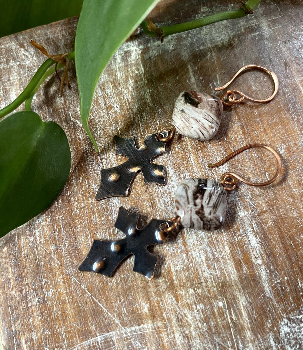 Purple Bamboo Agate Copper Cross Earrings